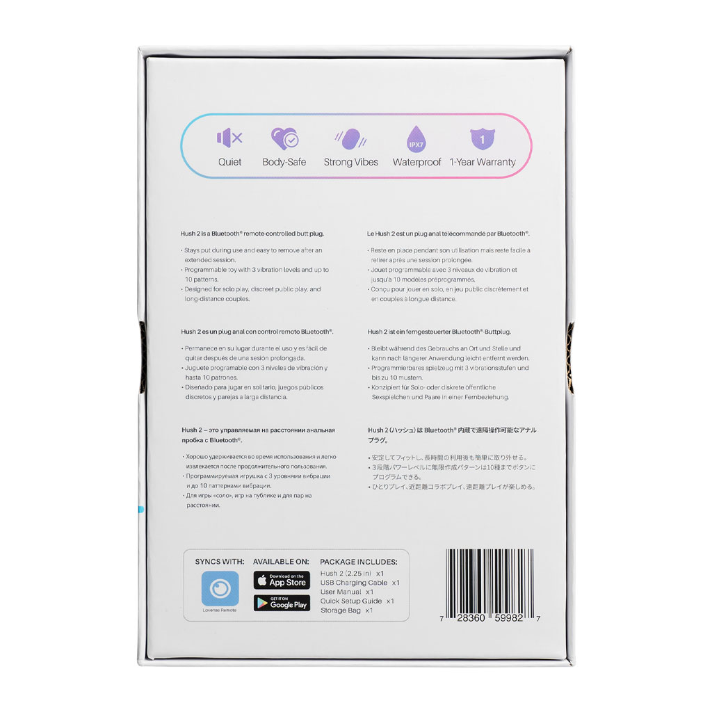 Lovense HUSH 2 - 57 mm Vibrerende Buttplug + APP verpakking achter