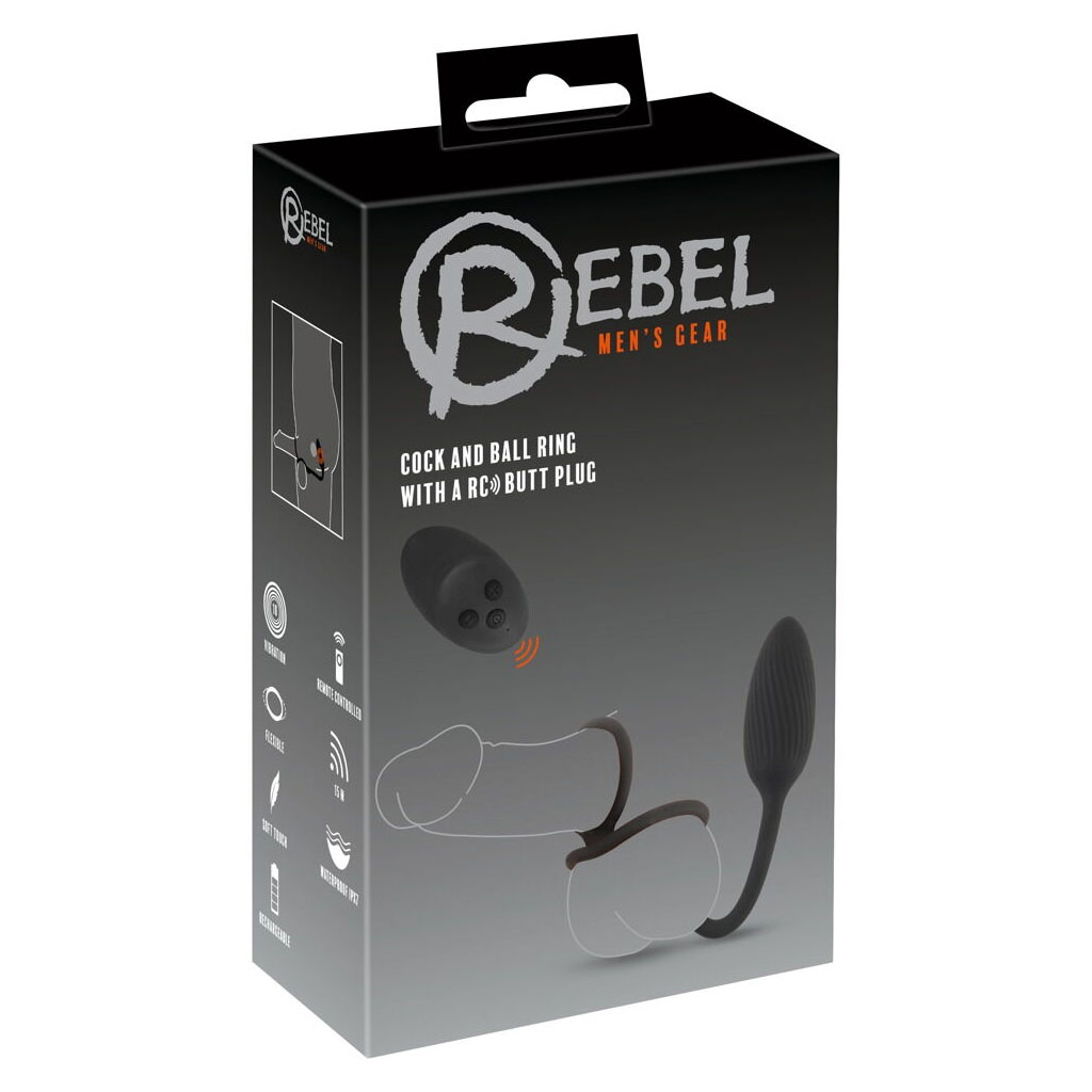 Rebel - Cock en Ballring met Afstandsbedienbare Buttplug verpakking